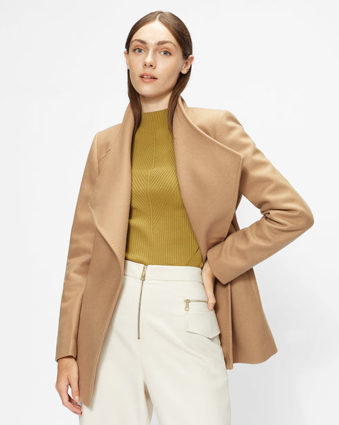 RYTAA-Outerwear-Formed from a sumptuous blend of wool and cashmere, the RYTAA coat will cocoon you in a layer of luxury. Featuring a high neck and waist tie belt, it helps you beat the elements in serious style. Wool-cashmere blend Wrap front Wait belt included Button fastening Hardware detailing at belt and collar Printed lining Our model is 5'9"/ 1.75m and wears a Ted size 2- Ted Baker Romania